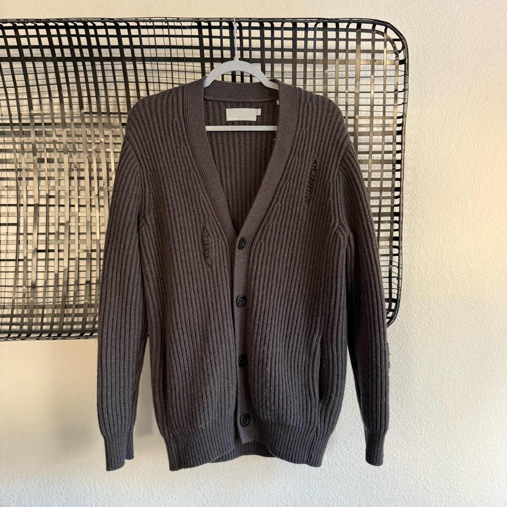 Vince Dark Charcoal Ribbed Button-Up Cardigan